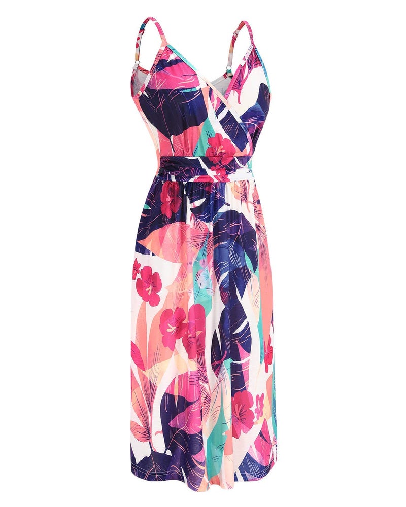 OUGES Women's Summer Spaghetti Strap V-Neck Floral Midi Casual Dress with Pockets(FloralJ-452,M) - Image 3